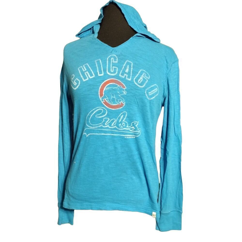 Chicago Cubs 47 SMALL blue, lightweight, long sleeved hoodie with CHICAGO CUBS l